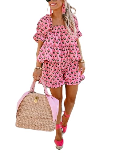 ICNGLKSND Womens Floral 2 Piece Outfits Summer Square Neck Puff Short Sleeve Babydoll Peplum Tops Shorts Set (Pink, Large)