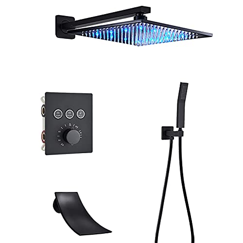 Système de douche thermostatique noir mat avec cascade et douchette 16 pouces