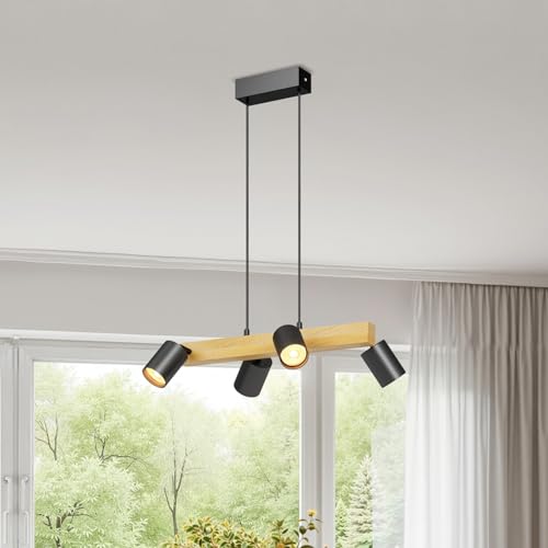LVWIT Lamparas Colgantes de Techo Negro, Lamparas Isla Cocina GU10, Lámparas de Techo de Madera，Lampara Comedor Techo con 4 Bases, para Salón,Dormitorio, Pasillo (Sin Bombillas)