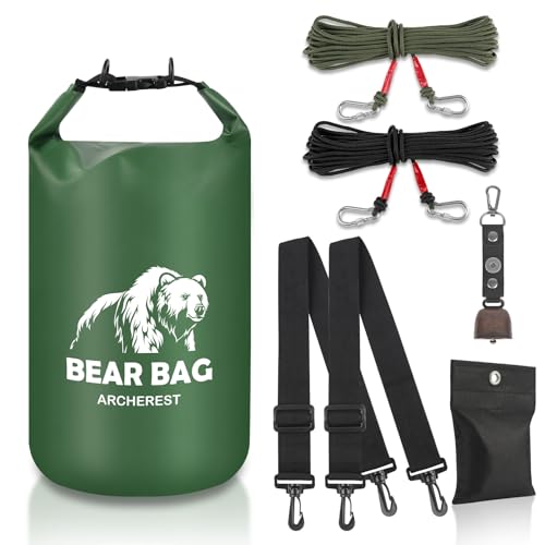 10L Waterproof Bear Bag Hanging Kit, Heavy Duty Bear Scent Proof Food Storage for Backpacking Camping, Bear Canister Pulley System with Nylon Ropes, Bear Bell, Carabiners and Rock Pouch