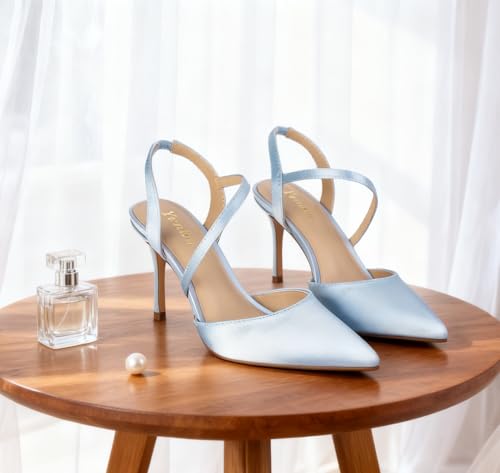 Image of Closed Toe Slingback Heels Wedding High Stiletto Heel for Women 3.3 Inch Ankle Strap Pointed Toe Pumps Prom Dress Bride Shoes for Dinner Party Sexy