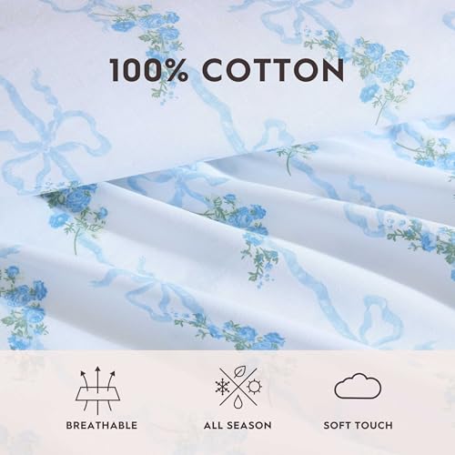 Image of Laura Ashley - Queen Size Sheet Set, Crisp & Lightweight Cotton Percale Bedding with Fitted Sheet and Pillowcases, Floral Room Decor, Deep Pocket, College Dorm Room Essentials (Floral Ribbon Blue)