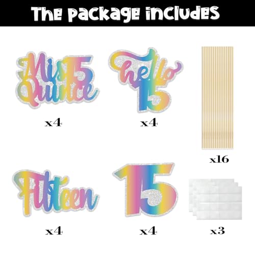 Image of Rainbow Glitter 15th Birthday Centerpiece Sticks,15 Fabulous Table Toppers,Cheers to 15 Birthday Anniversary Party Decorations for 15th Birthday Wedding Party Table Decorations
