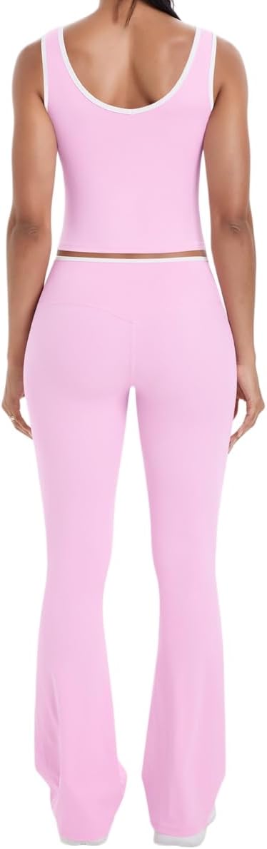 Womens Workout Sets 2 Piece Matching Gym Yoga Outfits Colorblock Crossover Flare Leggings Athletic Crop Tank Top