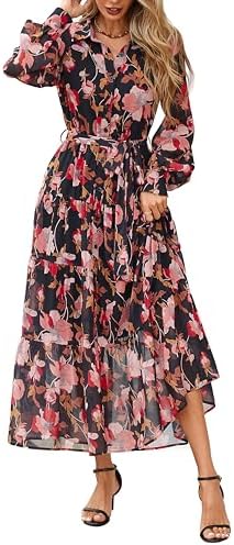 PRETTYGARDEN Women's Fall Dress 2025 Casual Long Sleeve Button Down Belted Boho Floral Flowy Maxi Wedding Guest Dresses
