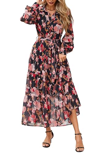 PRETTYGARDEN Womens Spring Dress 2026 Casual Long Sleeve Button Down Belted Boho Floral Flowy Maxi Wedding Guest Dresses(Black Orange Floral,Small)