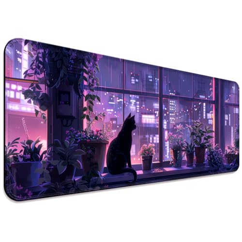JIANG100 Tappetino da scrivania per gaming, motivo anime, gatto nero e pianta, per tastiera del computer, grande ed esteso, per ufficio e casa, 80 x 30 cm, XL, viola