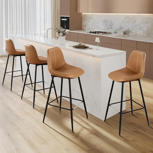 Image of VASAGLE Bar Stools Set of 4, Bar Height Bar Stools with Back, Ergonomic Backrest, Synthetic Leather, Metal Legs, 28.5-Inch Tall Barstools for Kitchen Island Home Bar, Easy Assembly, Caramel Brown