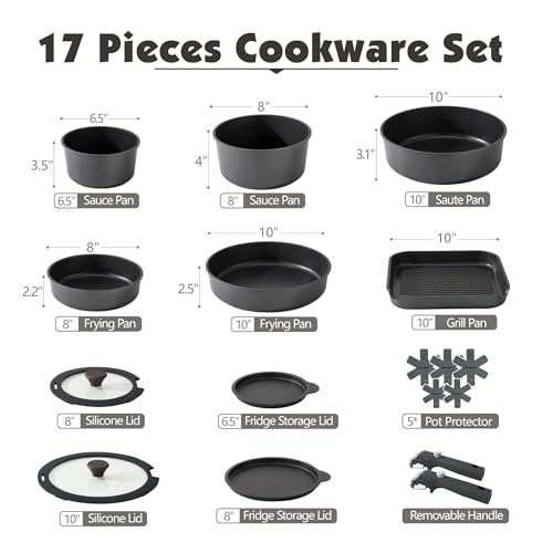 SENSARTE 17 Piece Pots and Pans Set, Nonstick Detachable Handle Cookware, Induction Kitchen Cookware Set with Removable Handle, Healthy Non Stick RV Cookware, Oven Safe (Black) - Image 2