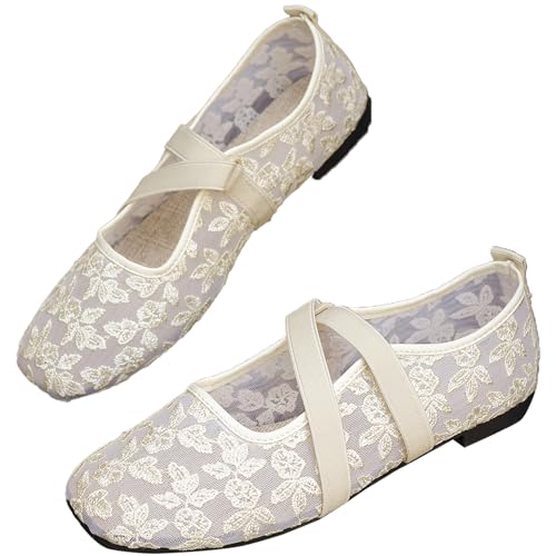 Ballerines plates bout carré anti-transpiration pour pieds sensibles avec broderie