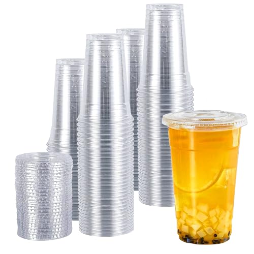 TashiBox plastic cups with lids [24 oz 100cups&100flat lids],Clear Crystal disposable plastic cups,smoothie cups