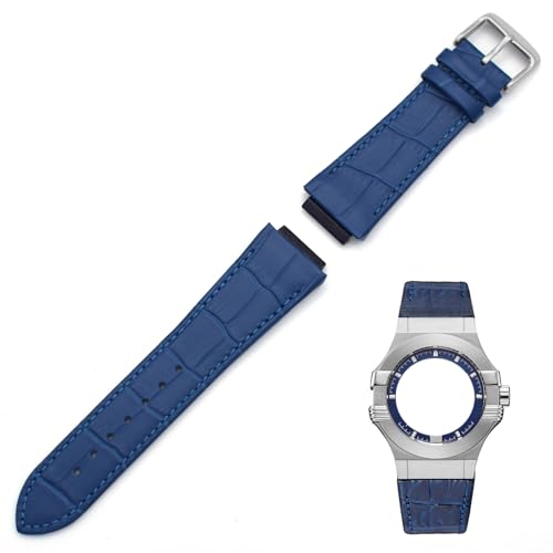 THEAGE 24MM Genuine Leather Watch Strap Band Replacement for MASERATI Mens Watches R8821108025 R8851108002 (Blue & Silver buckle)