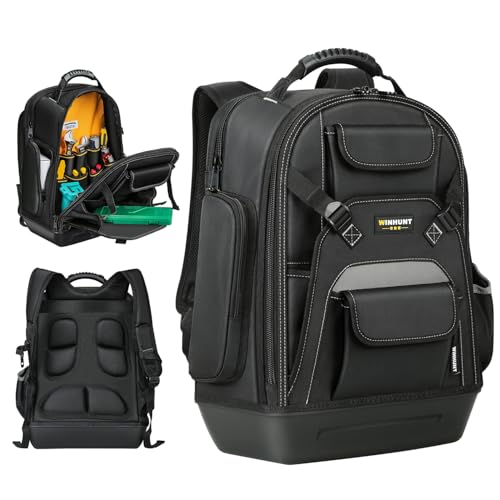 WINHUNT Tool Backpack for Men, Heavy Duty Tool Bag Backpack with Waterproof Molded Base, 23 Pockets Tool Storage Organizer Bag for Eelectrician Construction Work, Black