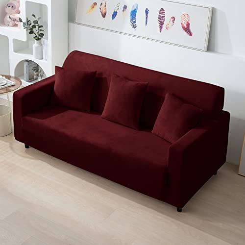 Image of HOKIPO 200 GSM Premium Velvet Sofa Cover 3 Seater Fully Covered, Burgundy (AR-4738-BRGN)