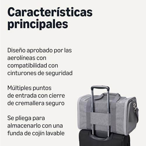 Miniatura 2 de Amazon Basics Transportín Suave Tipo Bolso para Gatos y Perros con Correa de Hombro Ajustable, Aprobado por Aerolíneas, Diseño Plegable y Portátil, Ventilación de Malla, 43,2 x 27,9 x 27,9 cm, Gris