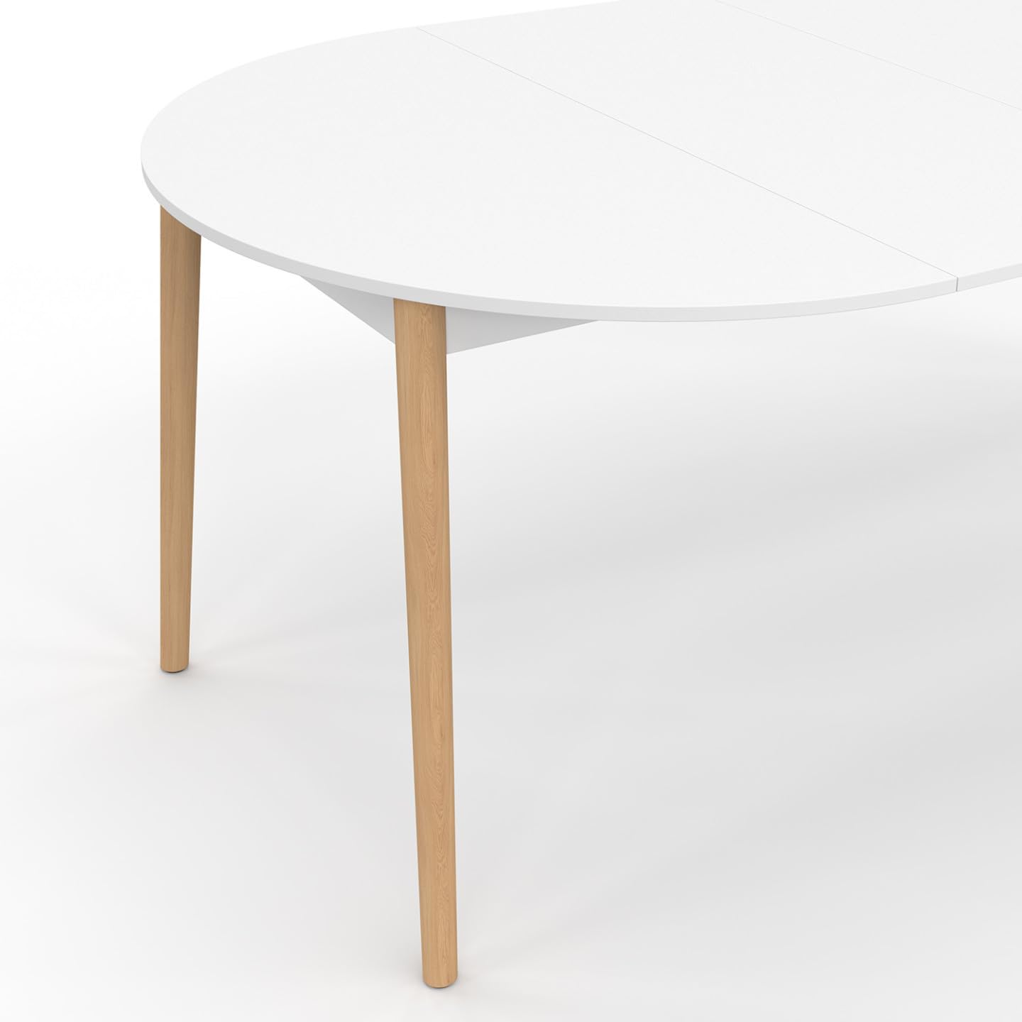 IDMarket Angela – Mesa de comedor extensible redonda para 4 – 10 personas, color blanco y pie madera 110 – 200 cm