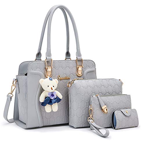 Image of Women's Fashion Handbag Tote Bag Shoulder Top Handle Satchel Purse Set 4pcs | Stylish Style,Chain Texture Design,Ample Space,Bear Doll Decoration,with a Crossbody Strap