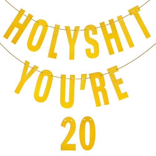 Happy Birthday Decorations for Women Men - Gold Glitter Banner Party Sign with Funny Holy Shit You're 20 Design - Party Decoration (20th)