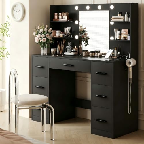 Image of YESHOMY Vanity Desk with Mirror, Power Outlet and 10 Lights, Makeup Table with 7 Drawers, 3 Color Modes Available for Bedroom, Black