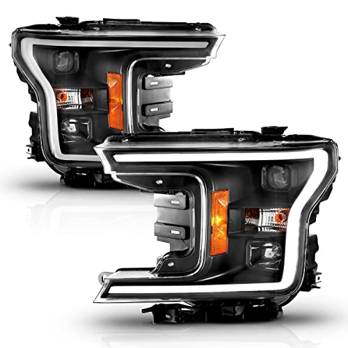 AmeriLite for 2018-2020 Ford F150 Pickup Truck Square Projector w/LED Tube Black Replacment Headlights Pair - Driver and Passenger