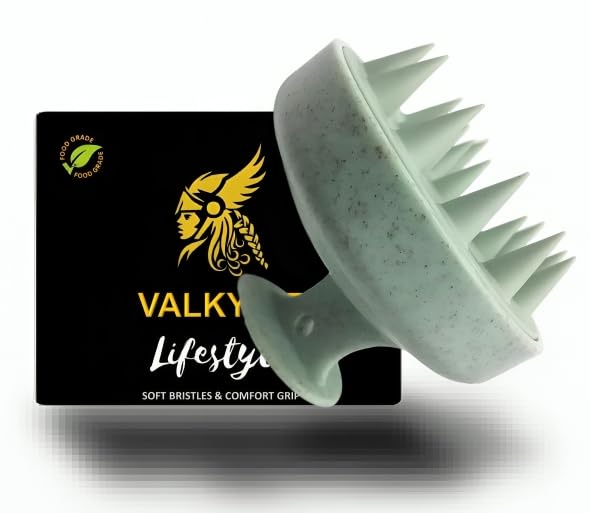 VALKYRIE Manual Scalp Massager Shampoo Brush,Eco-Friendly Wheat Straw Body With Soft Silicon Bristles,Hair Scalp Scrubber,Scalp Exfoliator|Dandruff Removal,Prevents Hair Loss For unisex|Green (Jg-35)