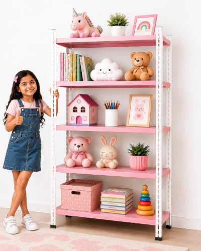 Image of REGILLER 5 Shelf Metal Storage Rack for Home, Kitchen, Bedroom, Office & Store | Heavy Duty Steel Multipurpose Organizer Stand | 60 Inch Height, 35 Inch Length, 9 Inch Width (Pink)