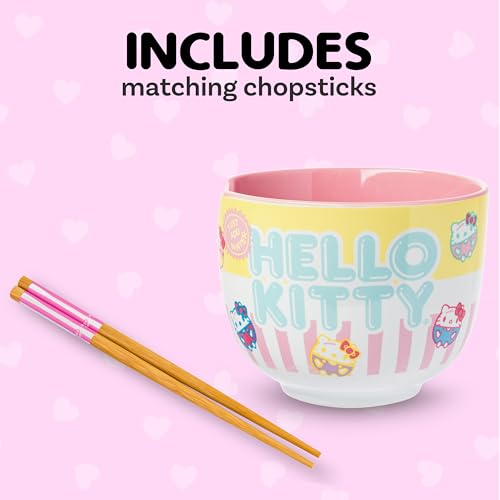 Image of Silver Buffalo Sanrio Hello Kitty Pastel Colored Ceramic Ramen Noodle Rice Bowl with Chopsticks, Microwave Safe, 20 Ounces