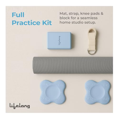 Image of Lifelong Yoga combo set of 5 For Men And Women I 4mm Yoga mat, 6ft Belt, Yoga block, 2 Knee Pad