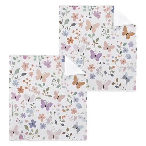 ALAZA Wash Cloth Set 100% Cotton Fingertip Towels Face Cloths Sets Butterflies Flowers Pastel Highly Absorbent Soft Feel Set of 2