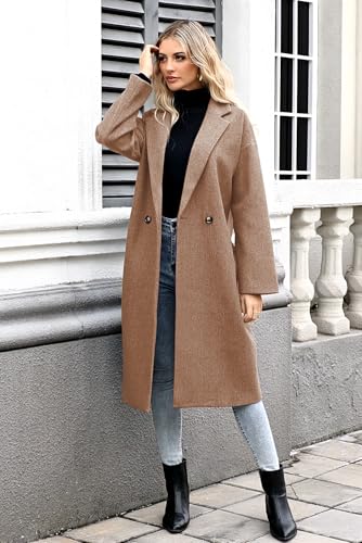 SAUKOLE Womens Winter Pea Coat Notch Lapel Double Breasted Wool Blend Oversized Overcoat with Pockets3