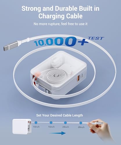 Image of 65W Retractable Wall Charger, USB C Charger Wall Plug with USB C & Apple Cable,Fast Charging Foldable Block Multi Charger,Travel Essentials Brick Multiport for i-Phone 17 /16 /15,iPad,Galaxy(1Pack)