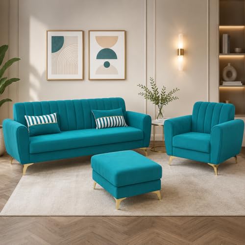 Image of Chesterfield Velvet Upholstery 3-Seater with Armchair and Footrest, Design in 3+1+Footrest Sofa for Living Room, Bedroom, Hallways (Teal Blue)