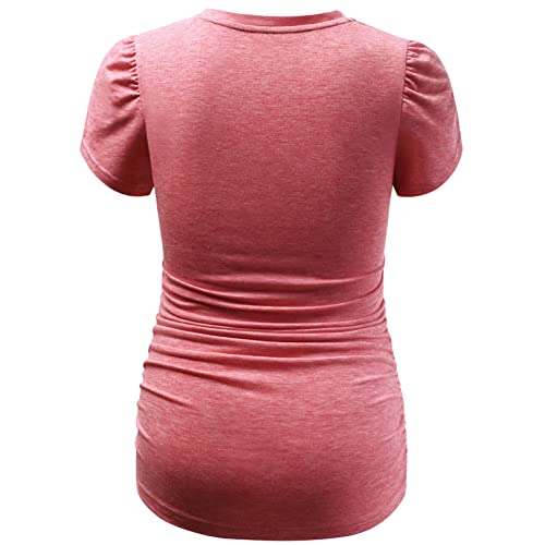 Ginkana Womens Maternity Tshirts V Neck Petal Sleeve Casual Tops Summer Ruched Sides Basic Pregnancy Tshirt Tunic Shirt,Red,M #TOP1