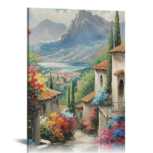 MMAFUL Italy Town Painting Tuscany Wall Art Streets of Mediterranean Towns Canvas Prints Landscape Picture Framed Ready to Hang Farmhouse Decor 16x20 in, pattern 1