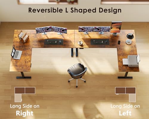 Image of OffiGo 63 Inch Reversible L Shaped Electric Standing Desk, Rustic Brown