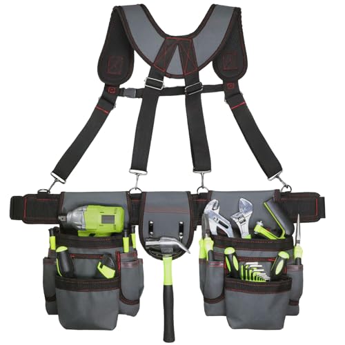 Tool Belt for Men, 32 to 66 Inches Adjustable Waist, Tool Belt with Suspenders for Electricians, Carpenters, Construction Workers and Gardeners, Grey and Red