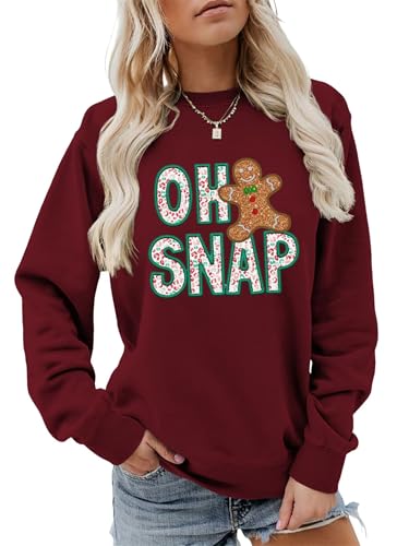 Semisun Gingerbread Man Oh Snap Christmas Sweatshirt Women Cute Funny Xmas Graphic Gift Shirt Holiday Long Sleeve PulloverTop Wine Red