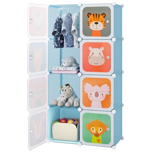 GOPLUS Armario Modular Infantil de 8 Cubos Plásticos 35×35 cm, Mueble de Almacenaje Juguetes con Barra de Suspensión, Armario Cubo Oragnizador para Ropa Zapatos Libros, ‎75 x 35 x 145 cm (Azul)