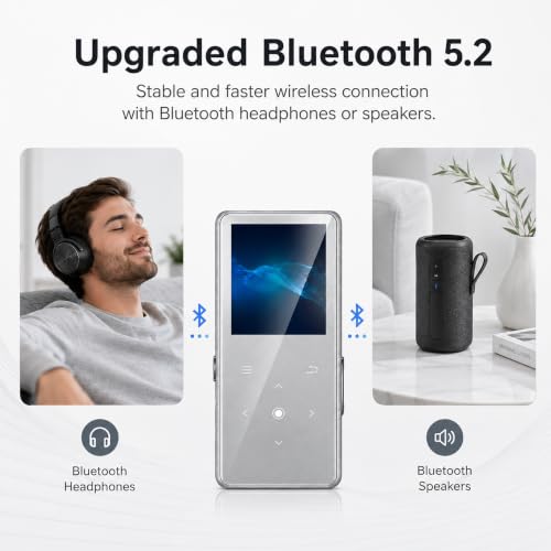 Image of 64GB MP3 Player with Bluetooth 5.2, AiMoonsa Music Player with Built-in HD Speaker, FM Radio, Voice Recorder, HiFi Sound, E-Book Function, Sliver