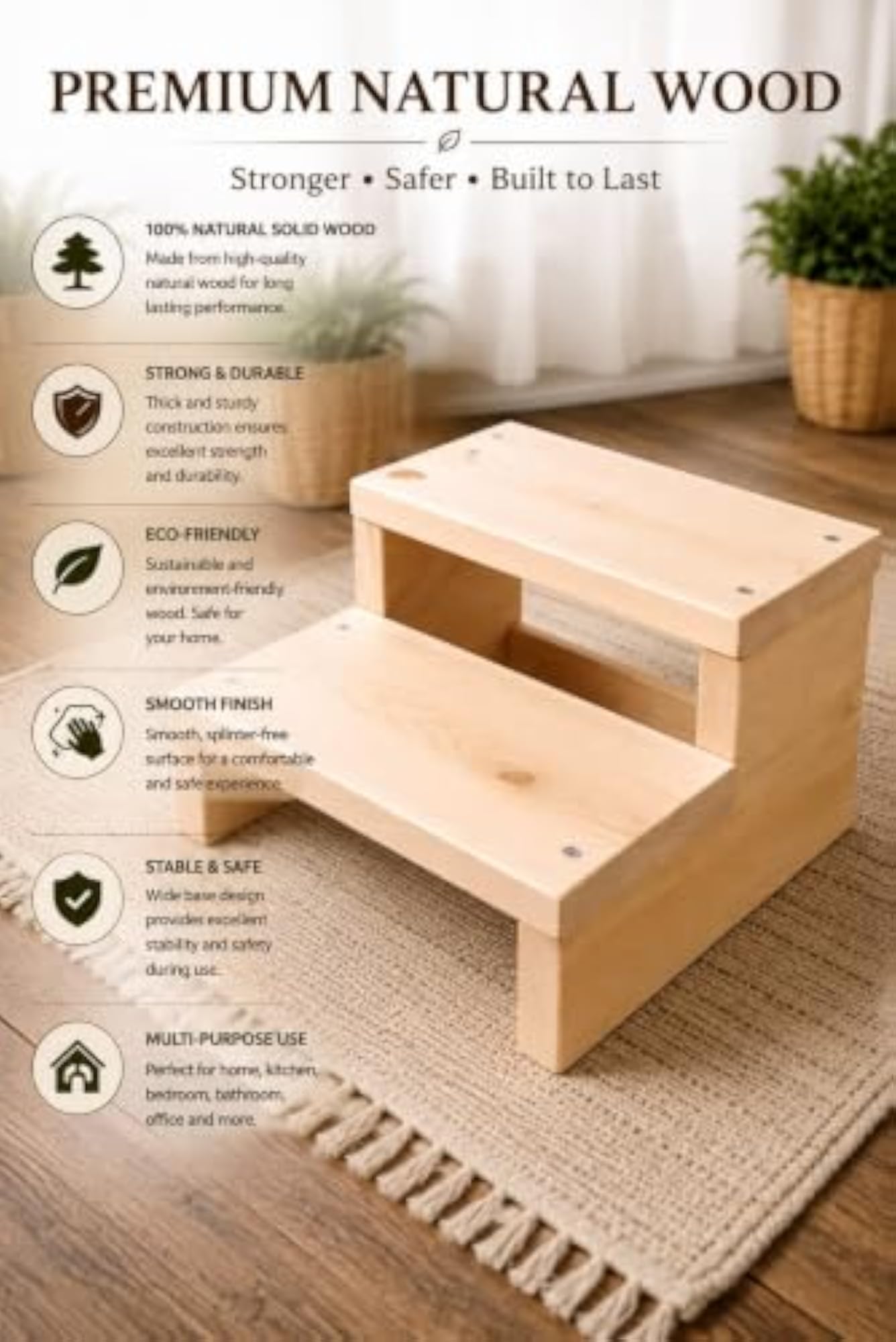 Wooden 2-Step Stool, Natural Finish, Sturdy Construction