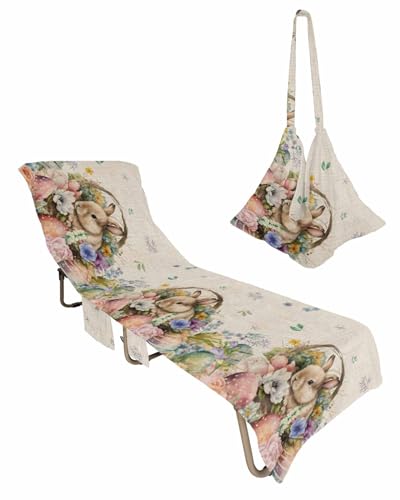 Easter Rabbit Beach Chair Towel Covers for Chaise Lounge with Side Pocket, Soft Plush Pool Towels Cover for Patio Sunbathing Outdoor 29''x85'' Rustic Easter Basket Eggs Bunny Wildflower