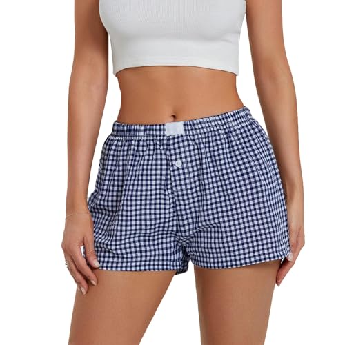 Image of Y2K Boxer Shorts for Womens Low Waist Plaid Lounge Shorts Elastic Cute Gingham Pajamas Bottoms