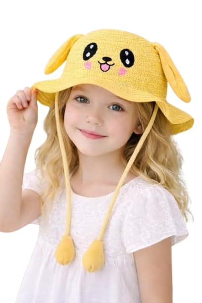 Image of FabSeasons Kids Cute Straw Sun Hat with Moving Ears (Ages 4-8 Years) | UV Protection, Wide Brim, Foldable, Beach Bucket Cap | Girls & Boys Breathable Summer Sun Hat with Inner Adjustable String