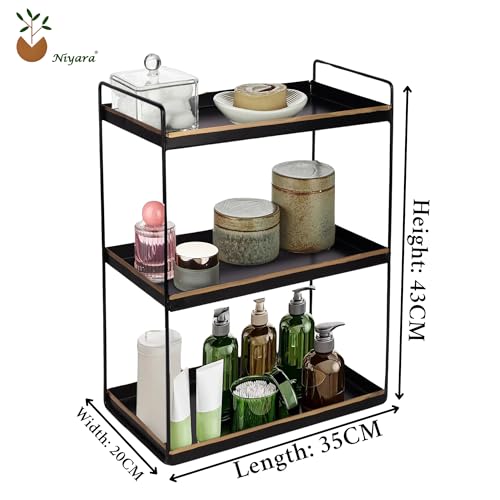 Image of Niyara Iron Metal Heavy Duty Stand 3-Tier multistorage /Multipurpose Standing Rack, Bathroom Countertop Storage Shelf Cosmetic Organizer Holder Kitchen Spice Rack, (Square Black With Golden)
