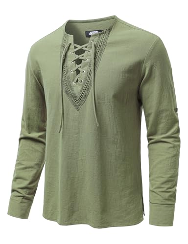 Image of JOGAL Mens Renaissance Shirt Medieval Pirate Viking Halloween Costume Gothic Steampunk Retro Long Sleeve Lace Up Shirts