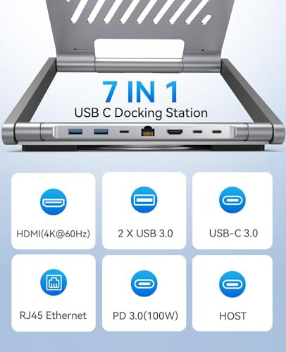 Image of 4URPC Laptop Docking Station Stand 4K@60Hz for MacBook Pro /Air M3 /M4, Dell /HP /Surface /Lenovo /Chromebook, Laptop USB Hub Stand with HDMI, 3 USB, Ethernet, PD 3.0, Adjustable Dock with 360 Rotate Base