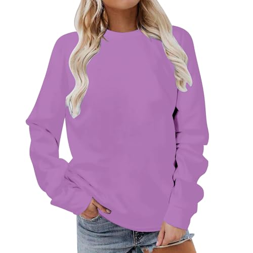 Sudaderas de mujer de corte suelto, manga larga, cuello redondo, cómodo, color liso, informal, cómodo, jersey básico, sudadera de moda, sudaderas deportivas de otoño, 01c-rosa brillante, L