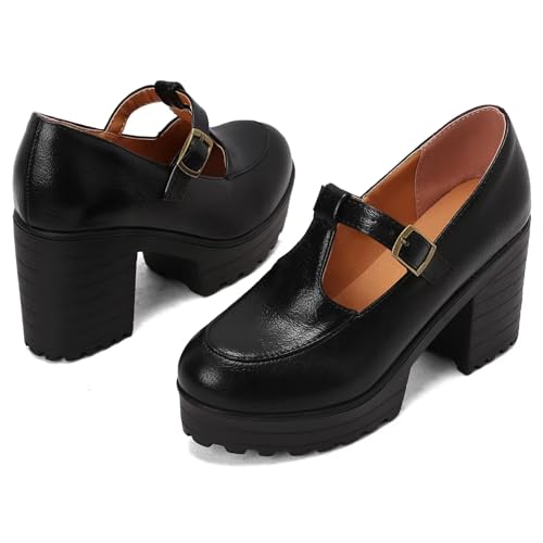 Gicoiz T Strap Mary Jane Chunky Heels Women Classic Round Toe Pumps2
