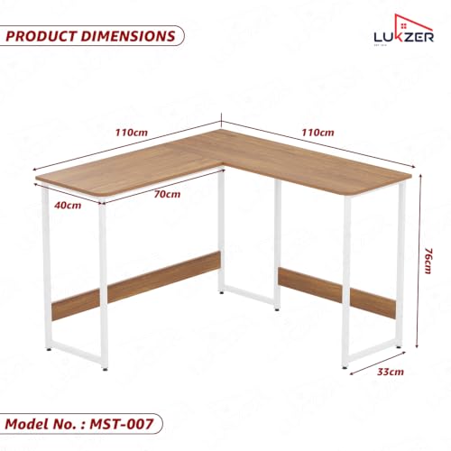 Image of Lukzer L-Shaped Study Table for Home or Office (MST-007 /White & Oak Brown) Metal & Engineered Wood Corner Computer Desk, Laptop & Gaming Station for Students and WFH (110 x 110 x 75 cm) Easy DIY