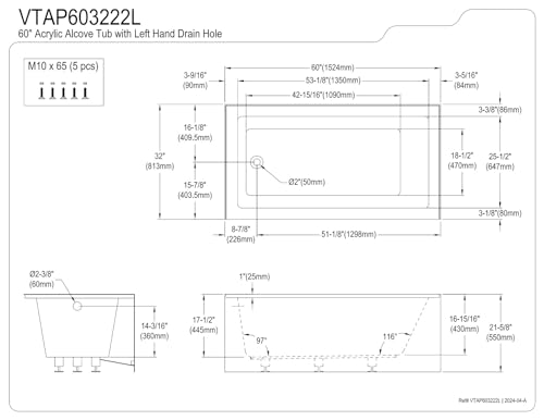 Kingston Brass VTAP603222L Aqua Eden 60-Inch Acrylic Alcove Tub thumb #8